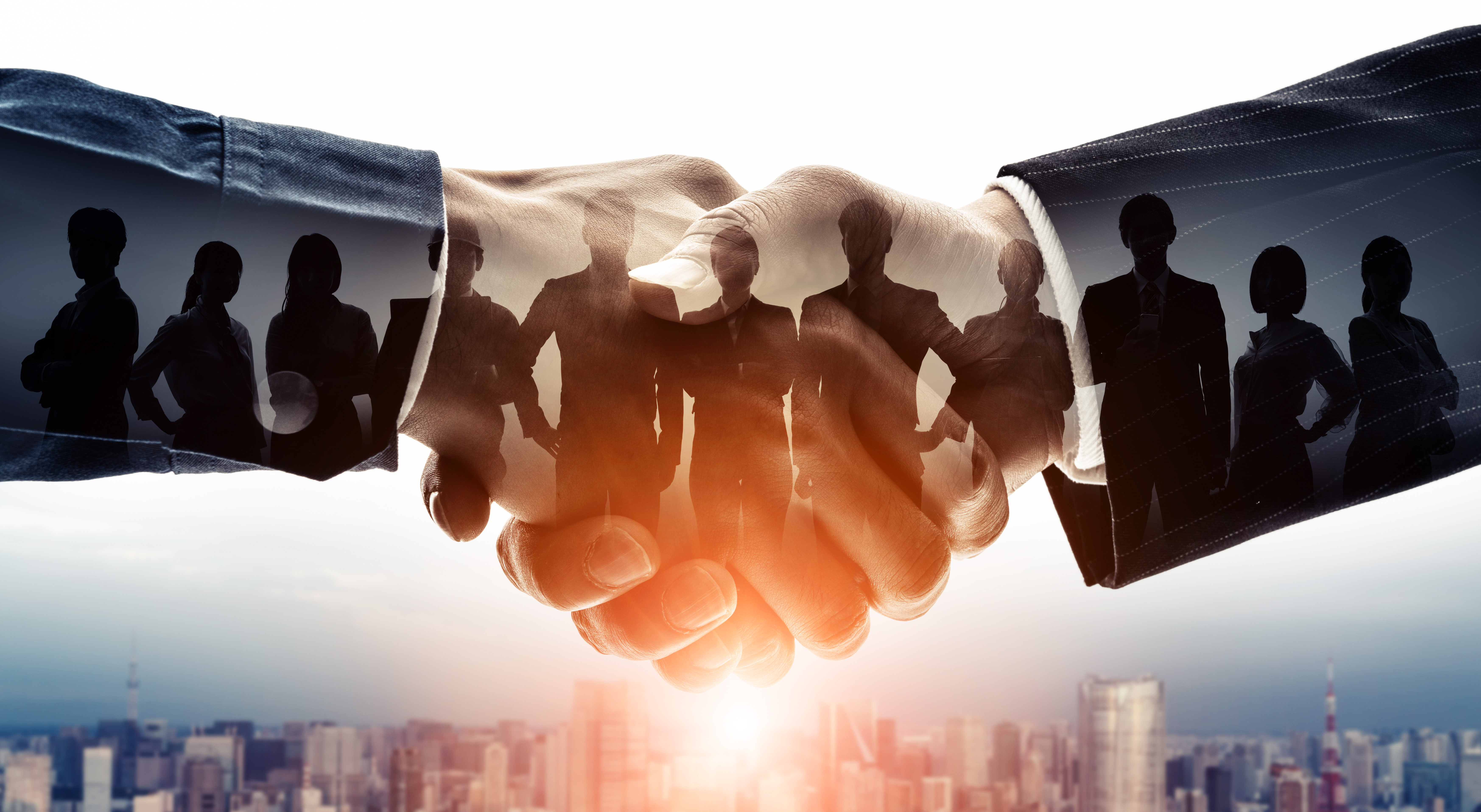 Business partners shaking hands, representing collaboration between organizations and their teams
